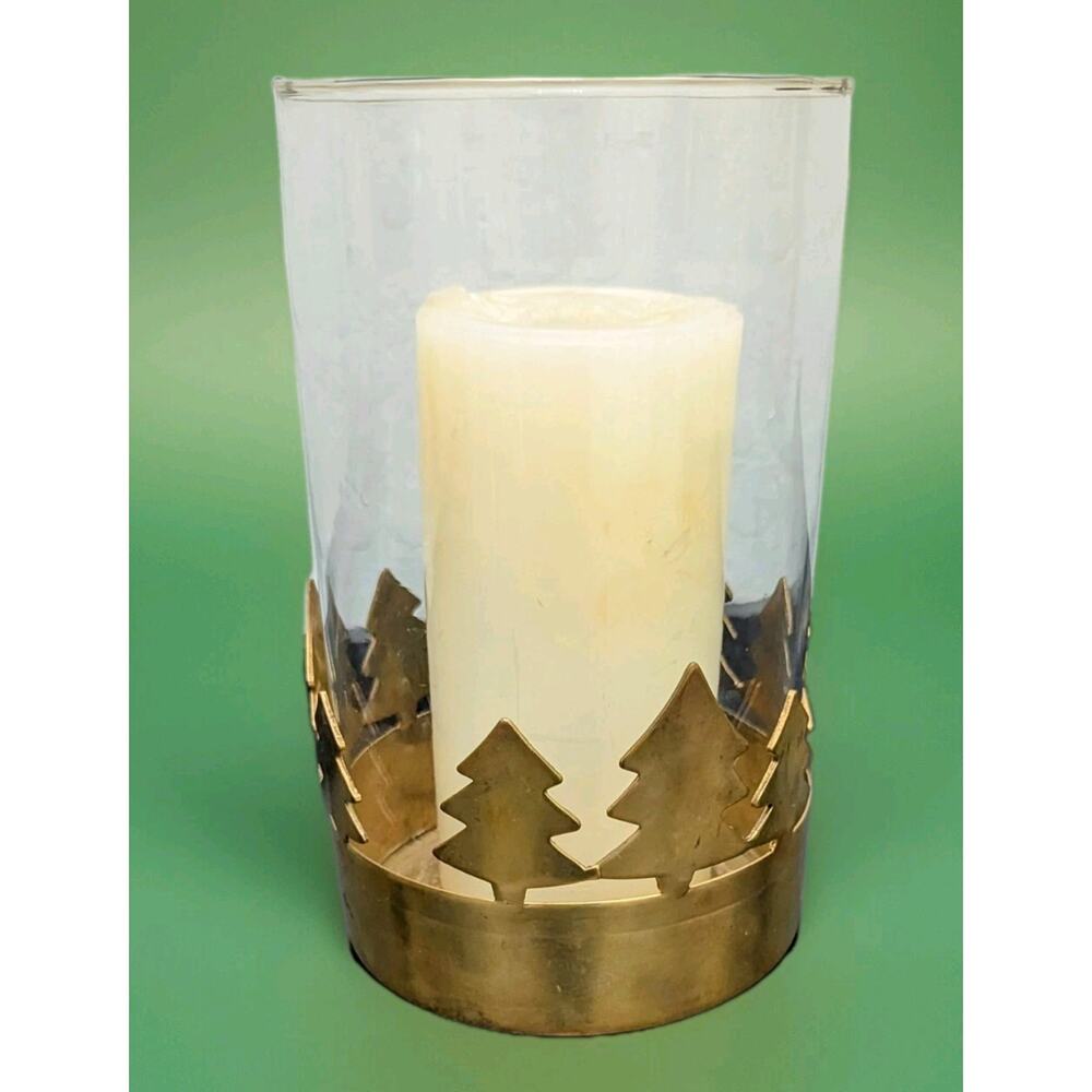Brass glass Vintage Fir Pine Christmas Tree Hurricane Candle Holder 8" Rustic